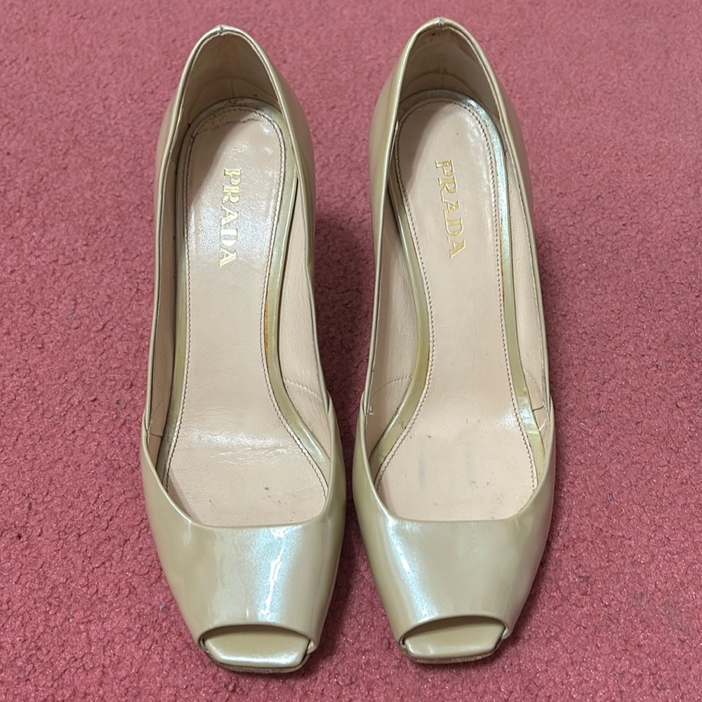 Prada patent leather peep toe heels